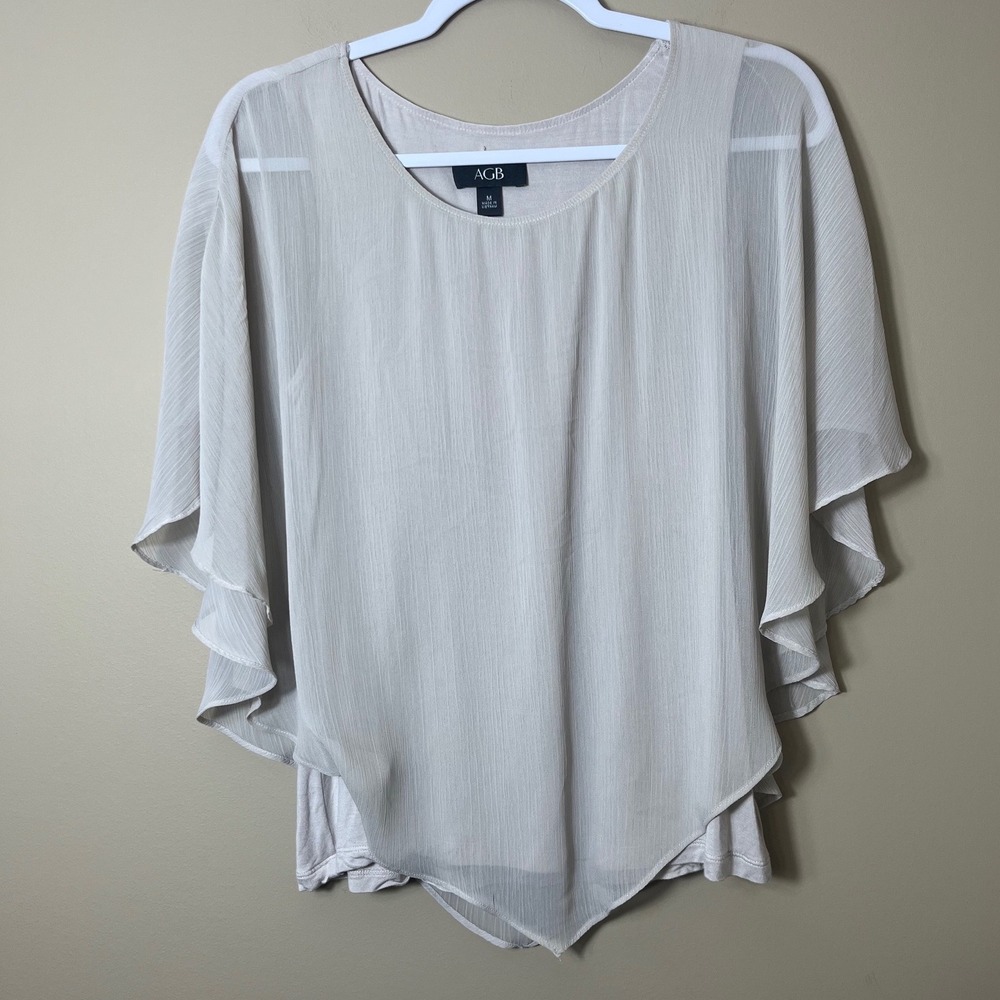 AGB Beige Chiffon Layered Poncho Blouse Flutter Sleeve Sharkbite Top Size M Boho